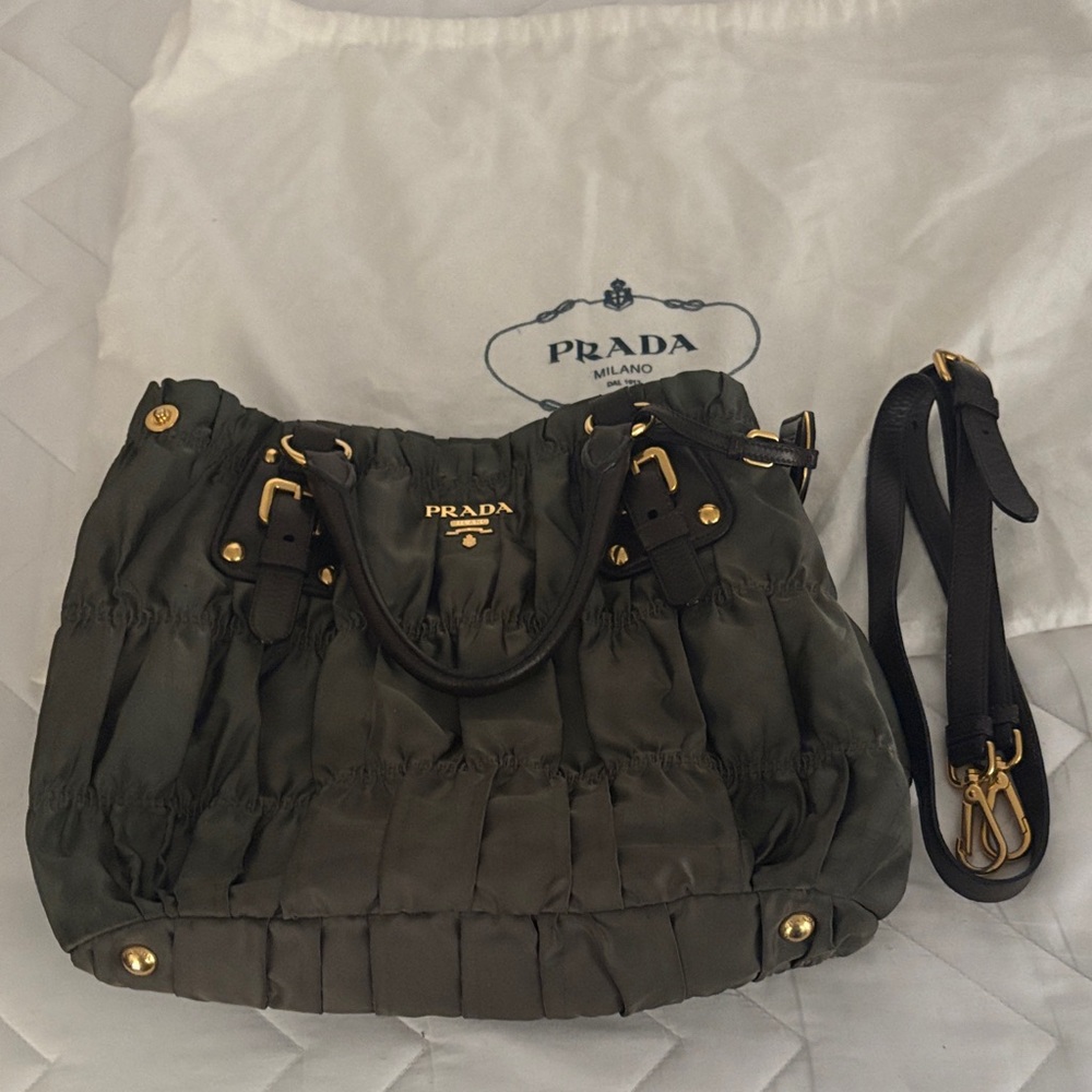 Prada Dark Green Shoulder Bag with Gold Accents / Olive ,